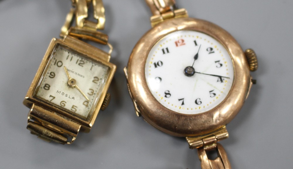 An early 20th century 9ct gold manual wind wrist watch (a.f.) on a 9ct flexible strap and a ladys 18k watch.